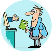 Cartoon - business owner handing over books to computer